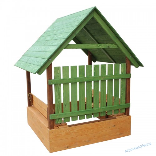 Фото 4. Песочница-домик с лавочками крышей и защитным забором
