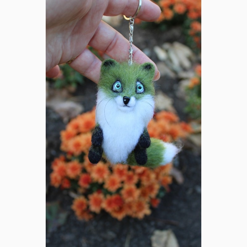 Фото 9. Зелена лиса брелок іграшка валяна з шерсті інтерєрна лисичка подарунок лисиця сувенір