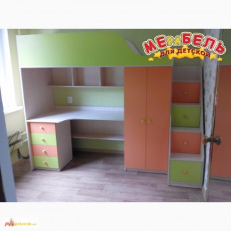 Кровать-чердак с рабочей зоной, шкафом и лестницей-комодом Merabel